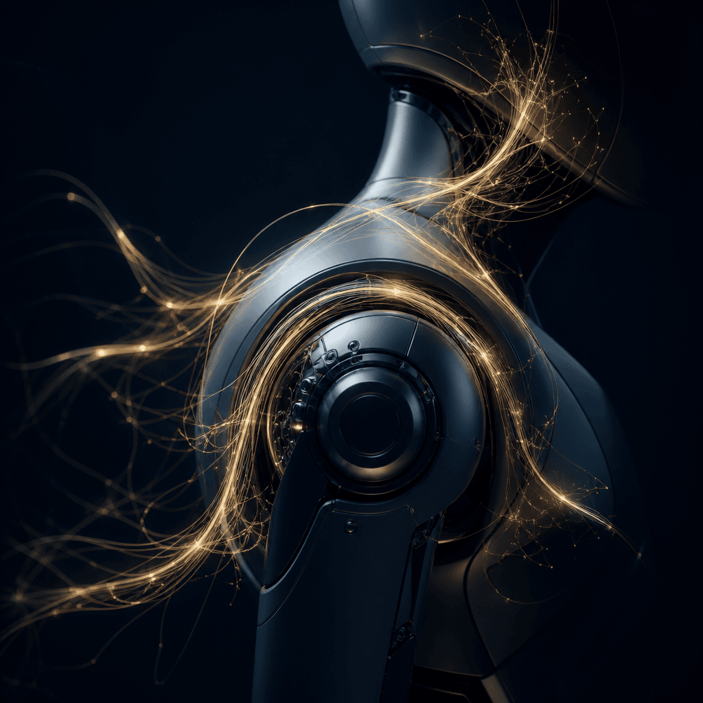 Abstract neural gold filaments around a robot silhouette — RoboIQ intelligence layer