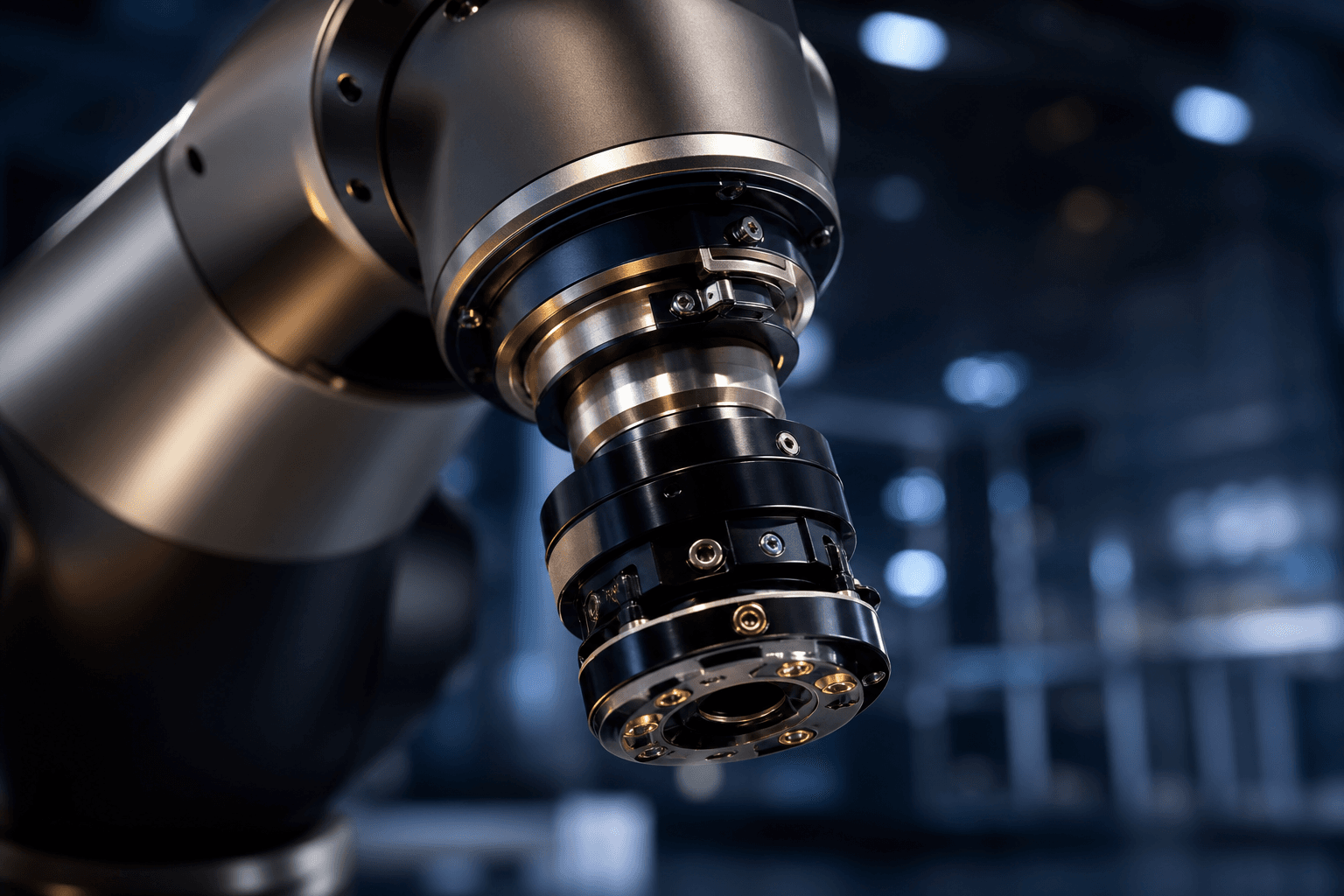 Close-up of an industrial robot wrist joint with champagne-gold highlights