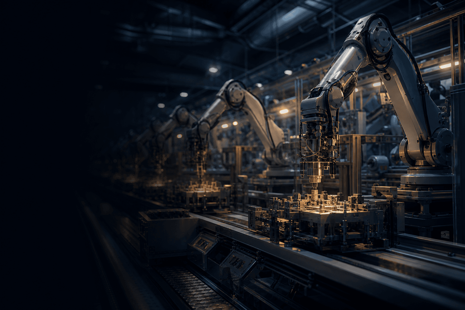 Industrial robot arms on a precision factory line at night — Bacenik RoboIQ