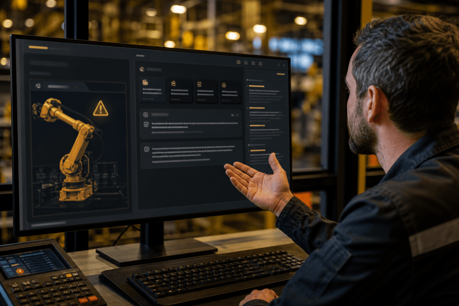 Technician reviewing source-backed guidance on a control-desk monitor