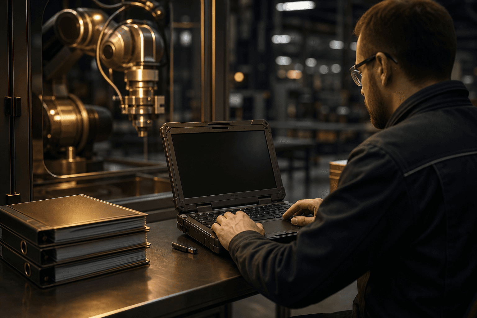 Technician uploading robot manuals on a laptop beside a robot cell