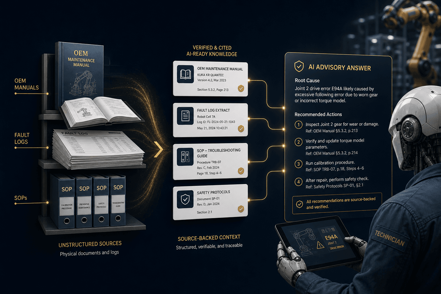 Infographic: manuals and logs become source-backed advisory guidance