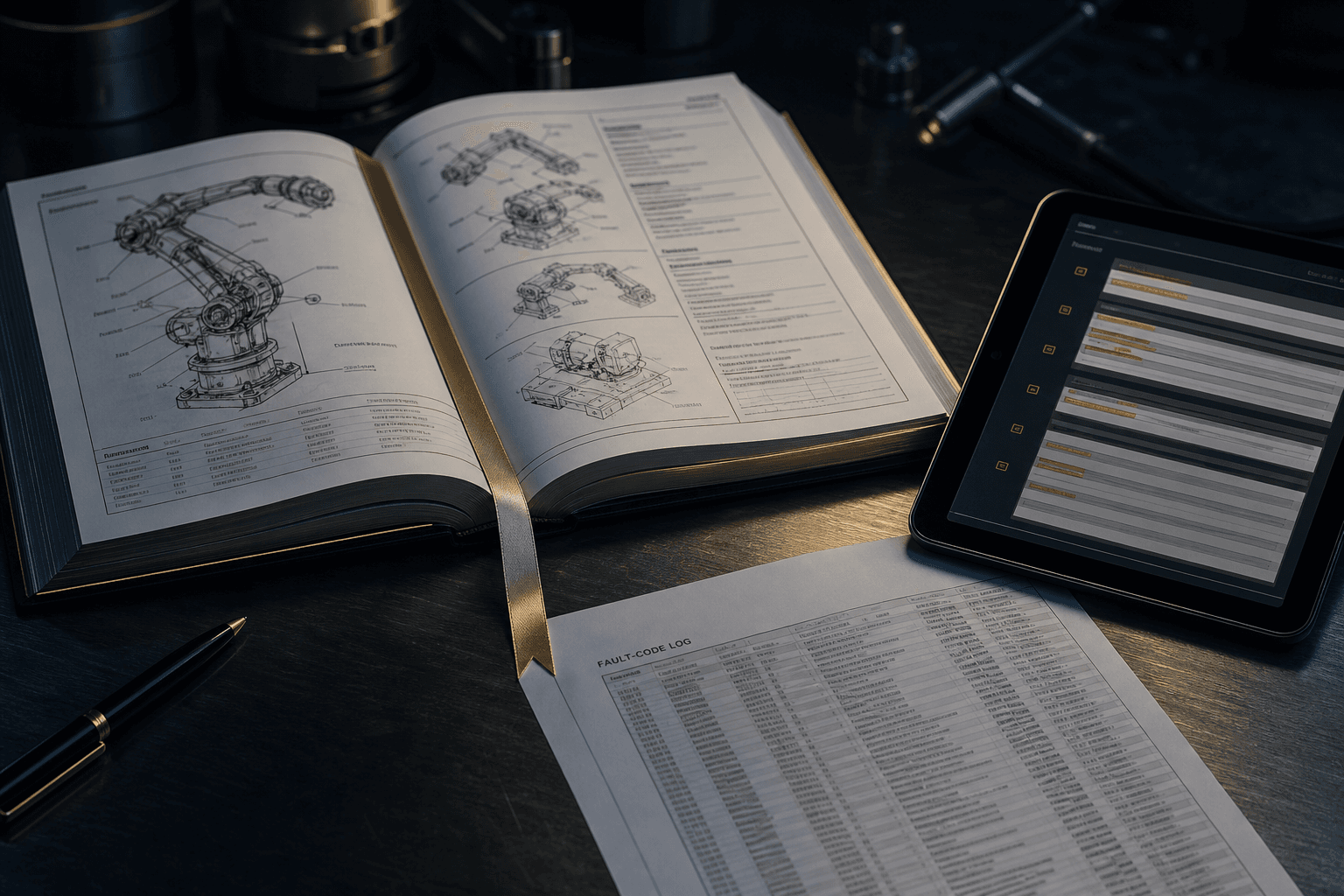 Maintenance manuals and citation-ready knowledge on a metal workbench